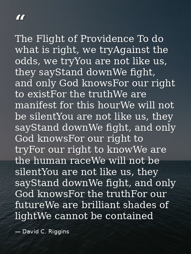 The Flight of Providence To do what is right, we tryAgainst the odds, we tryYou are not like us, they sayStand downWe fi — David C. Riggins