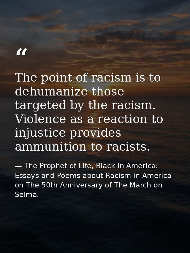 The point of racism is to dehumanize those targeted by the racism. Violence as a reaction to injustice provides ammuniti — The Prophet of Life, Black In America: Essays and Poems about Racism in America on The 50th Anniversary of The March on Selma.