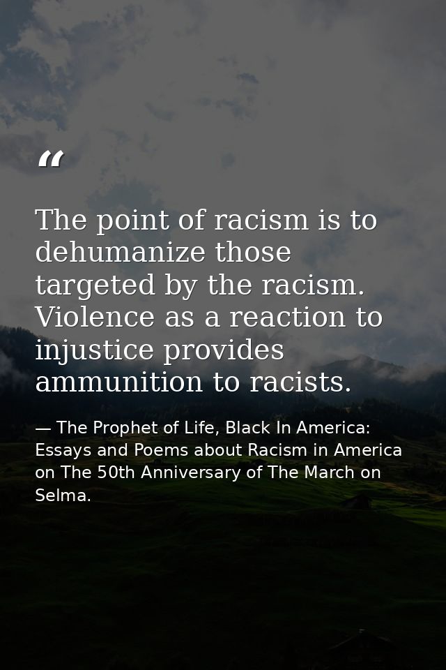 The point of racism is to dehumanize those targeted by the racism. Violence as a reaction to injustice provides ammuniti — The Prophet of Life, Black In America: Essays and Poems about Racism in America on The 50th Anniversary of The March on Selma.