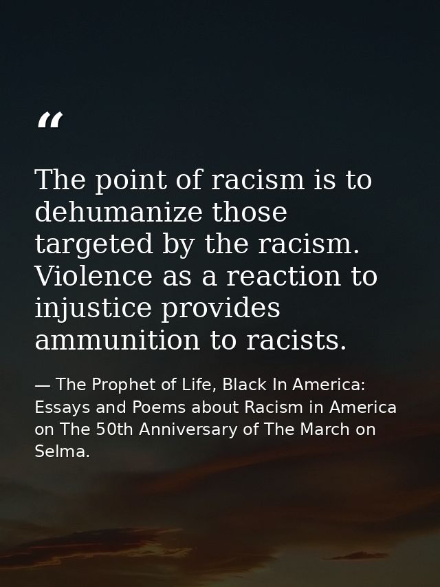 The point of racism is to dehumanize those targeted by the racism. Violence as a reaction to injustice provides ammuniti — The Prophet of Life, Black In America: Essays and Poems about Racism in America on The 50th Anniversary of The March on Selma.