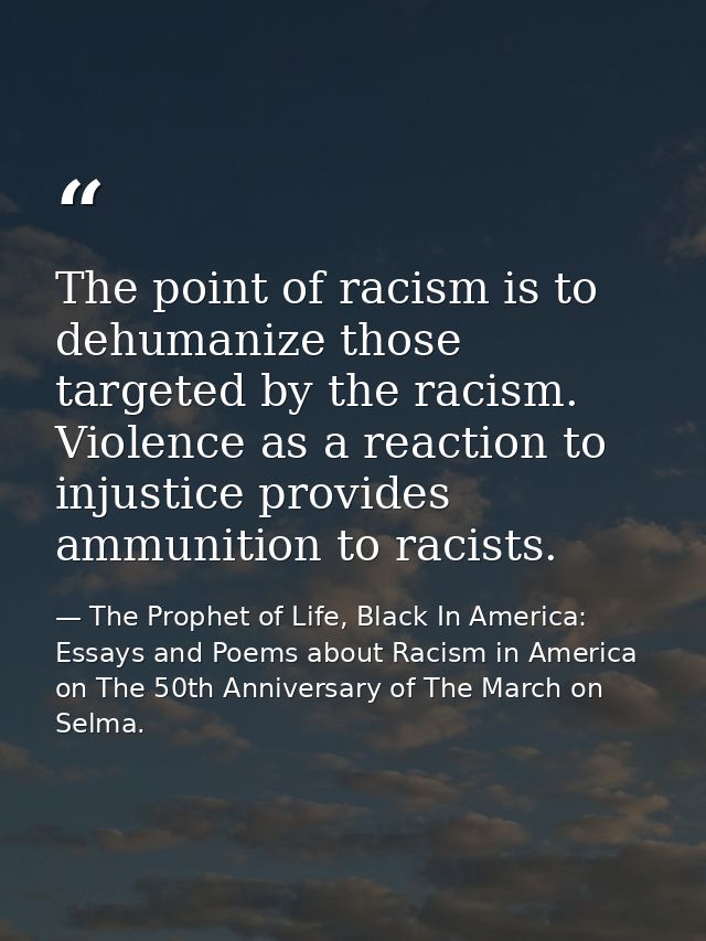 The point of racism is to dehumanize those targeted by the racism. Violence as a reaction to injustice provides ammuniti — The Prophet of Life, Black In America: Essays and Poems about Racism in America on The 50th Anniversary of The March on Selma.