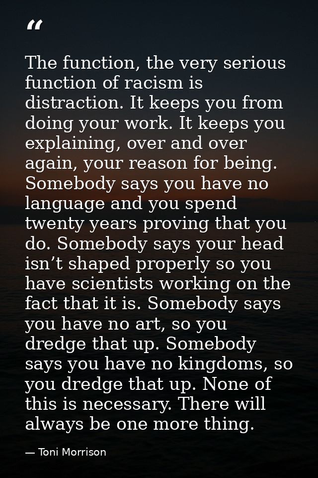 The function, the very serious function of racism is distraction. It keeps you from doing your work. It keeps you explai — Toni Morrison