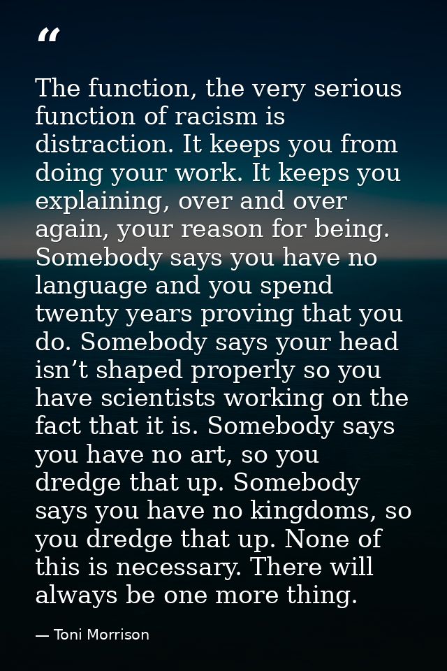 The function, the very serious function of racism is distraction. It keeps you from doing your work. It keeps you explai — Toni Morrison