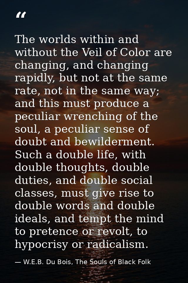 The worlds within and without the Veil of Color are changing, and changing rapidly, but not at the same rate, not in the — W.E.B. Du Bois, The Souls of Black Folk