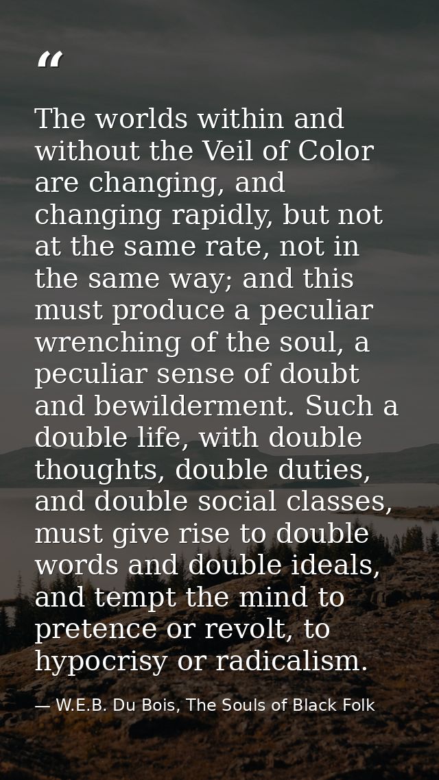 The worlds within and without the Veil of Color are changing, and changing rapidly, but not at the same rate, not in the — W.E.B. Du Bois, The Souls of Black Folk