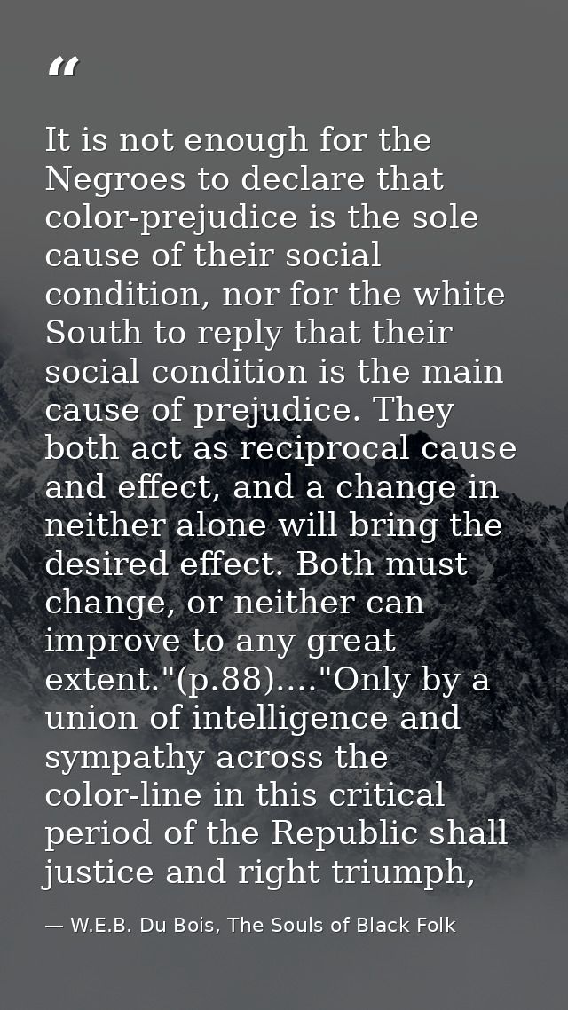 It is not enough for the Negroes to declare that color-prejudice is the sole cause of their social condition, nor for th — W.E.B. Du Bois, The Souls of Black Folk