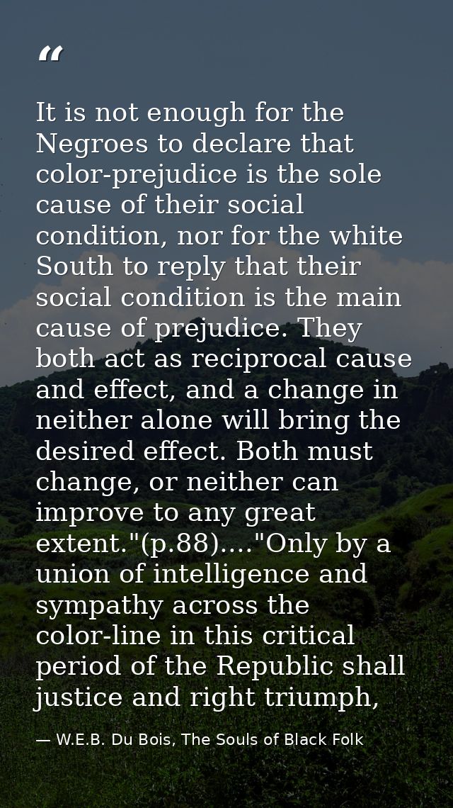 It is not enough for the Negroes to declare that color-prejudice is the sole cause of their social condition, nor for th — W.E.B. Du Bois, The Souls of Black Folk