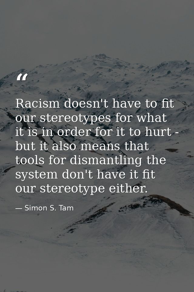 Racism doesn't have to fit our stereotypes for what it is in order for it to hurt - but it also means that tools for dis — Simon S. Tam