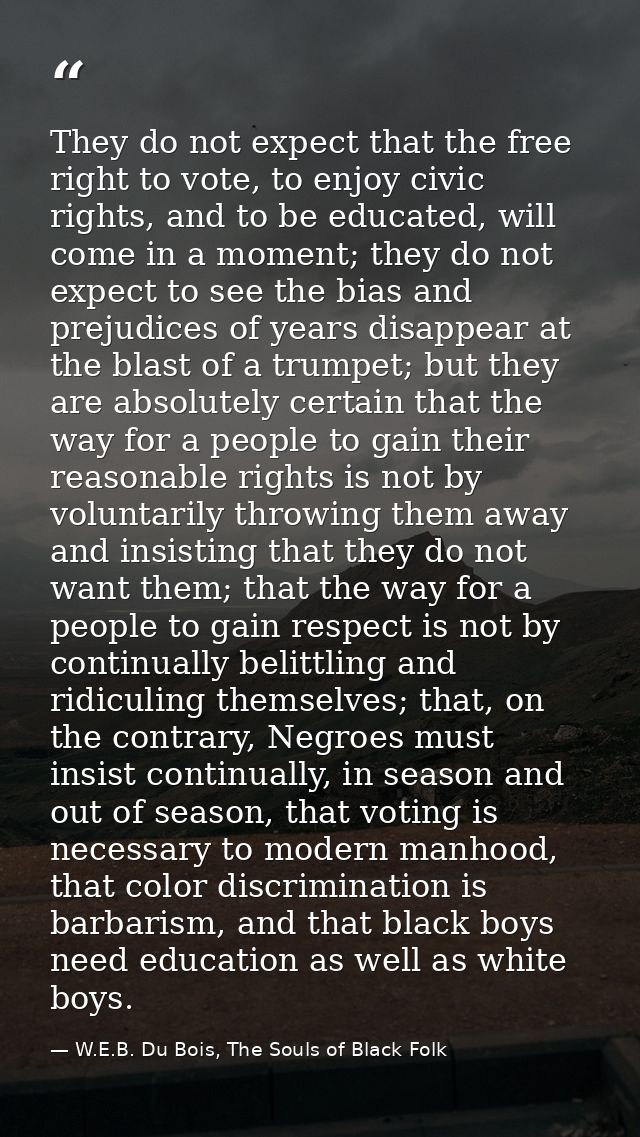 They do not expect that the free right to vote, to enjoy civic rights, and to be educated, will come in a moment; they d — W.E.B. Du Bois, The Souls of Black Folk