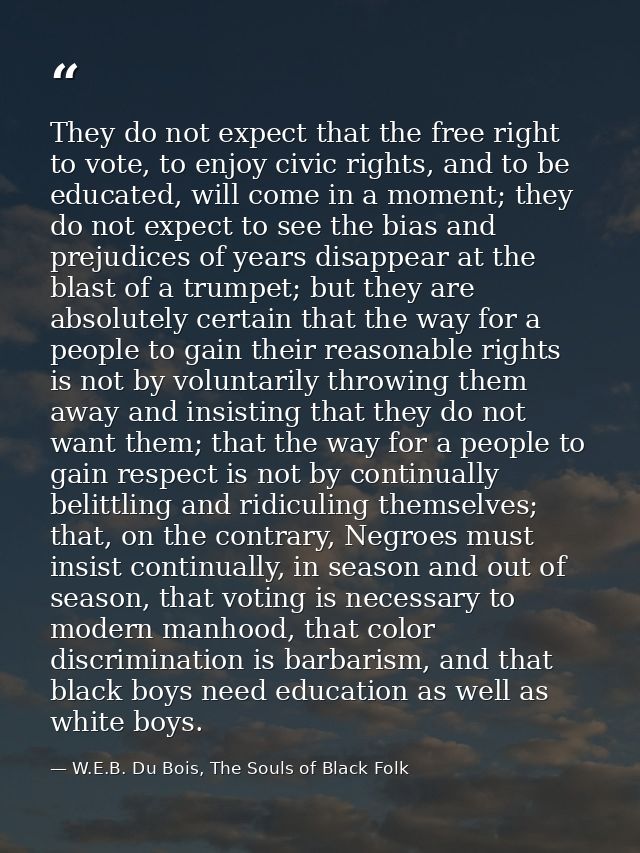 They do not expect that the free right to vote, to enjoy civic rights, and to be educated, will come in a moment; they d — W.E.B. Du Bois, The Souls of Black Folk
