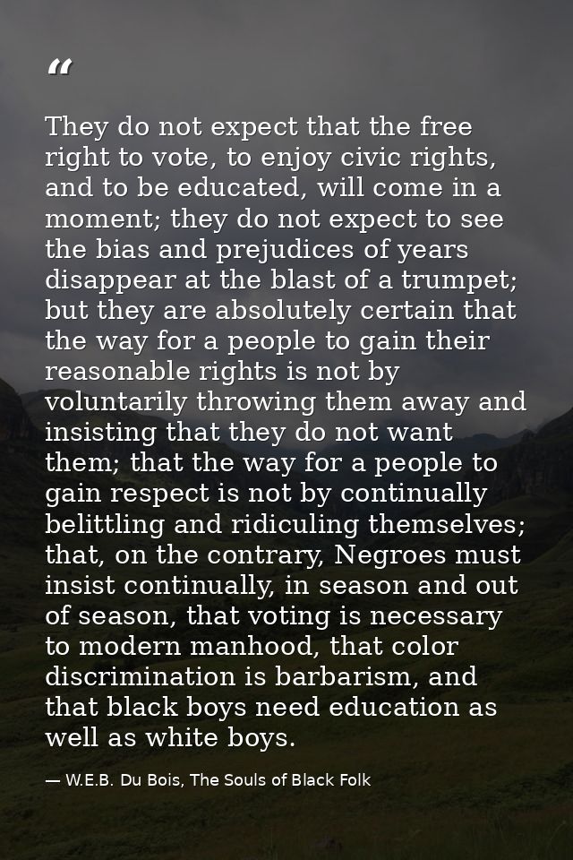 They do not expect that the free right to vote, to enjoy civic rights, and to be educated, will come in a moment; they d — W.E.B. Du Bois, The Souls of Black Folk
