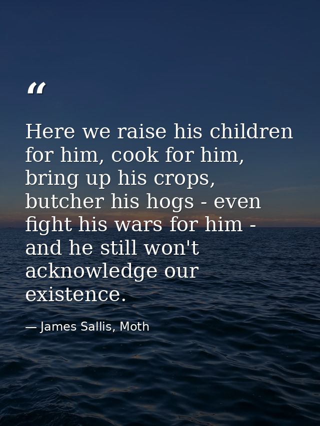 Here we raise his children for him, cook for him, bring up his crops, butcher his hogs - even fight his wars for him - a — James Sallis, Moth