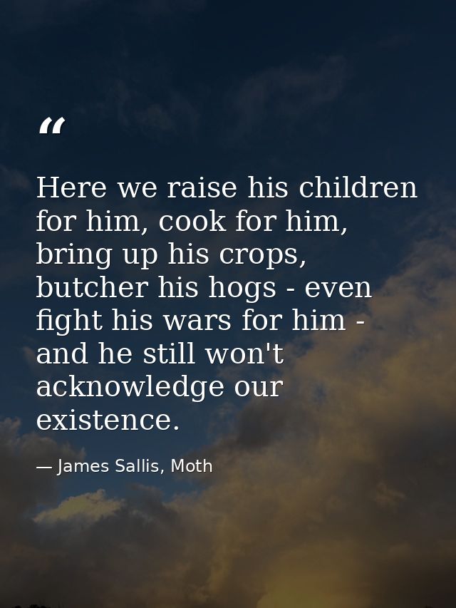 Here we raise his children for him, cook for him, bring up his crops, butcher his hogs - even fight his wars for him - a — James Sallis, Moth
