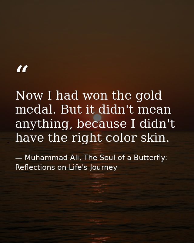 Now I had won the gold medal. But it didn't mean anything, because I didn't have the right color skin. — Muhammad Ali, The Soul of a Butterfly: Reflections on Life's Journey