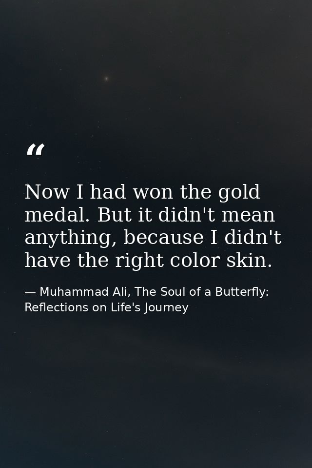 Now I had won the gold medal. But it didn't mean anything, because I didn't have the right color skin. — Muhammad Ali, The Soul of a Butterfly: Reflections on Life's Journey