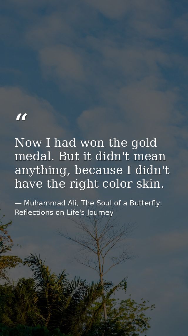 Now I had won the gold medal. But it didn't mean anything, because I didn't have the right color skin. — Muhammad Ali, The Soul of a Butterfly: Reflections on Life's Journey
