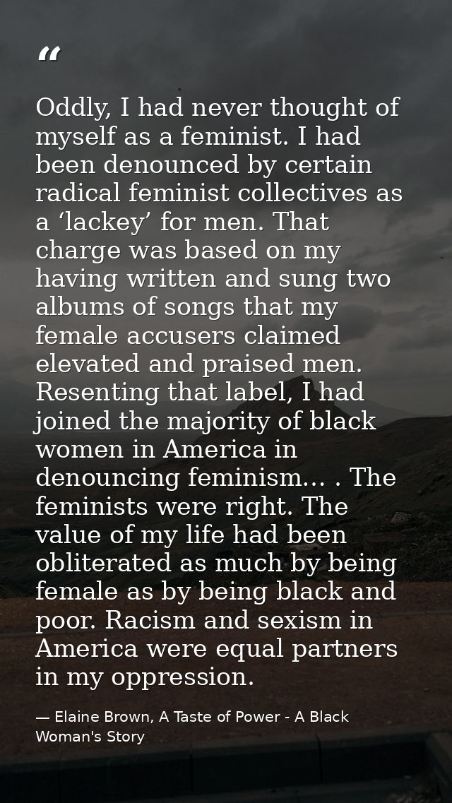 Oddly, I had never thought of myself as a feminist. I had been denounced by certain radical feminist collectives as a ‘l — Elaine Brown, A Taste of Power - A Black Woman's Story