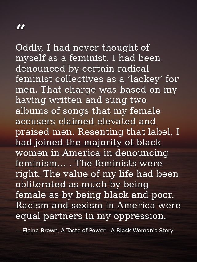 Oddly, I had never thought of myself as a feminist. I had been denounced by certain radical feminist collectives as a ‘l — Elaine Brown, A Taste of Power - A Black Woman's Story