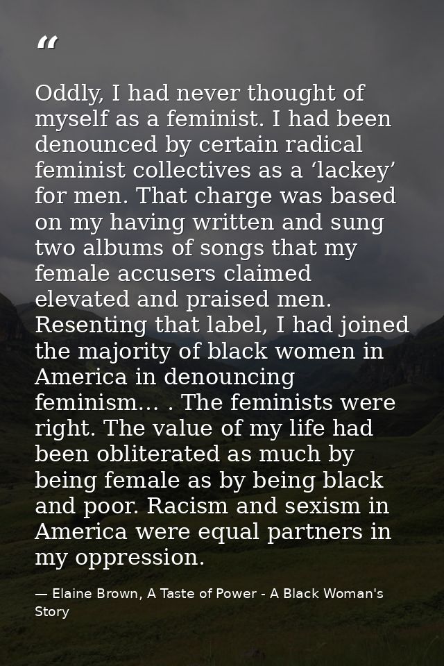 Oddly, I had never thought of myself as a feminist. I had been denounced by certain radical feminist collectives as a ‘l — Elaine Brown, A Taste of Power - A Black Woman's Story