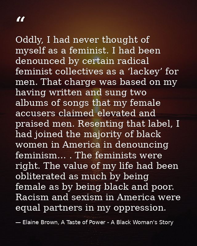 Oddly, I had never thought of myself as a feminist. I had been denounced by certain radical feminist collectives as a ‘l — Elaine Brown, A Taste of Power - A Black Woman's Story
