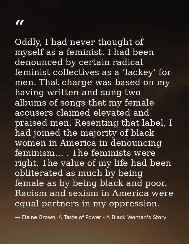 Oddly, I had never thought of myself as a feminist. I had been denounced by certain radical feminist collectives as a ‘l — Elaine Brown, A Taste of Power - A Black Woman's Story