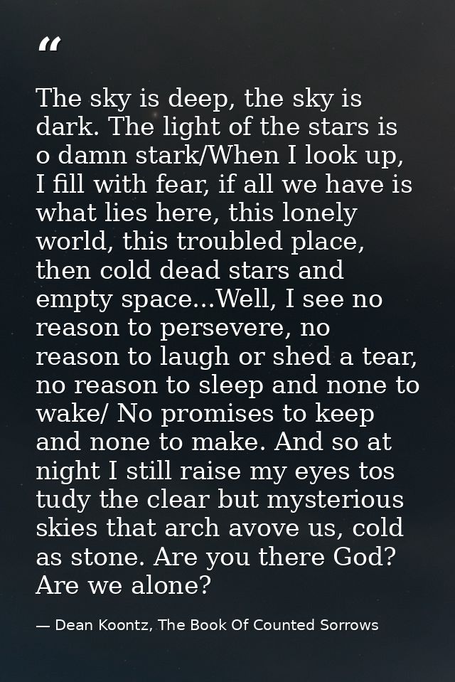 The sky is deep, the sky is dark. The light of the stars is o damn stark/When I look up, I fill with fear, if all we hav — Dean Koontz, The Book Of Counted Sorrows