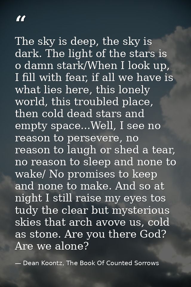 The sky is deep, the sky is dark. The light of the stars is o damn stark/When I look up, I fill with fear, if all we hav — Dean Koontz, The Book Of Counted Sorrows