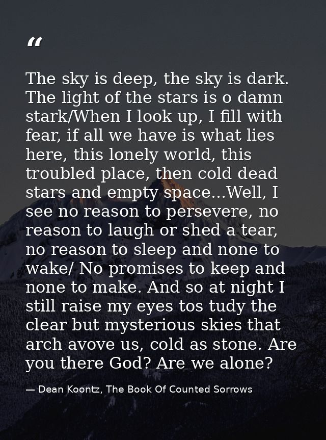 The sky is deep, the sky is dark. The light of the stars is o damn stark/When I look up, I fill with fear, if all we hav — Dean Koontz, The Book Of Counted Sorrows