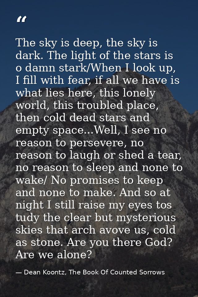 The sky is deep, the sky is dark. The light of the stars is o damn stark/When I look up, I fill with fear, if all we hav — Dean Koontz, The Book Of Counted Sorrows