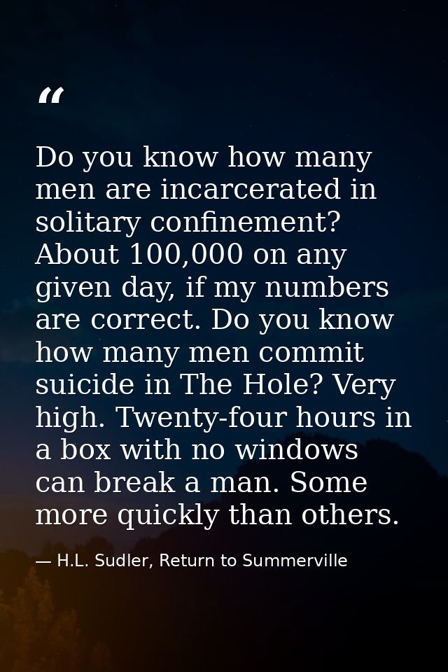 Do you know how many men are incarcerated in solitary confinement? About 100,000 on any given day, if my numbers are cor — H.L. Sudler, Return to Summerville