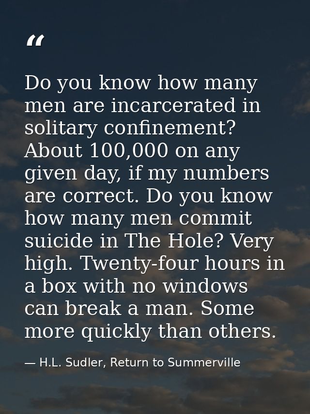 Do you know how many men are incarcerated in solitary confinement? About 100,000 on any given day, if my numbers are cor — H.L. Sudler, Return to Summerville