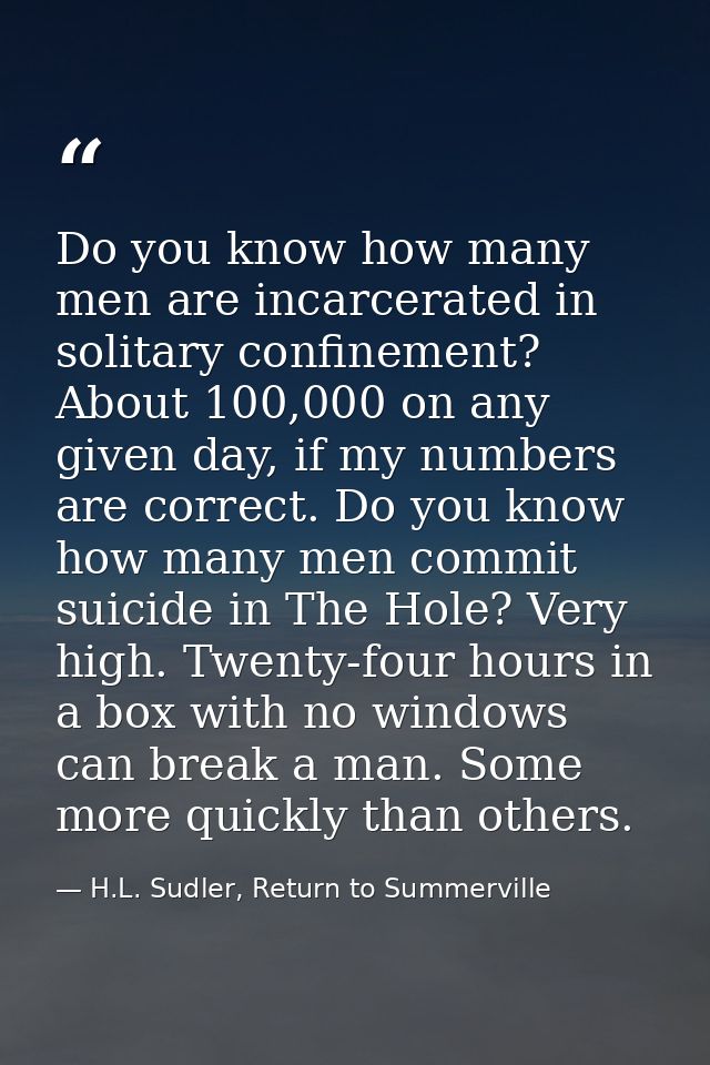 Do you know how many men are incarcerated in solitary confinement? About 100,000 on any given day, if my numbers are cor — H.L. Sudler, Return to Summerville