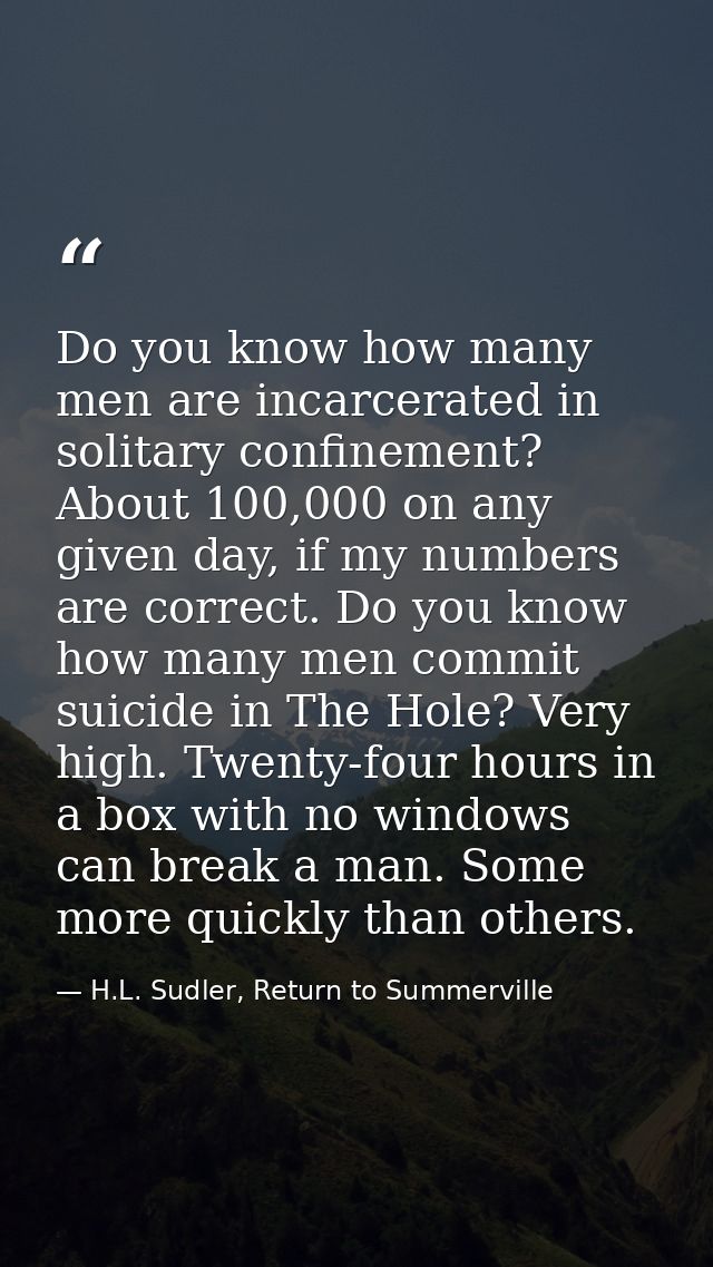 Do you know how many men are incarcerated in solitary confinement? About 100,000 on any given day, if my numbers are cor — H.L. Sudler, Return to Summerville