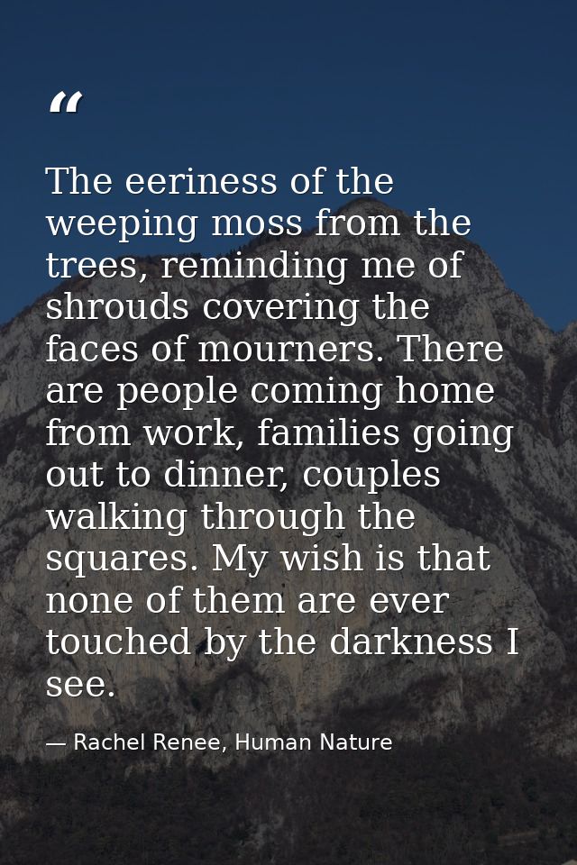 The eeriness of the weeping moss from the trees, reminding me of shrouds covering the faces of mourners. There are peopl — Rachel Renee, Human Nature