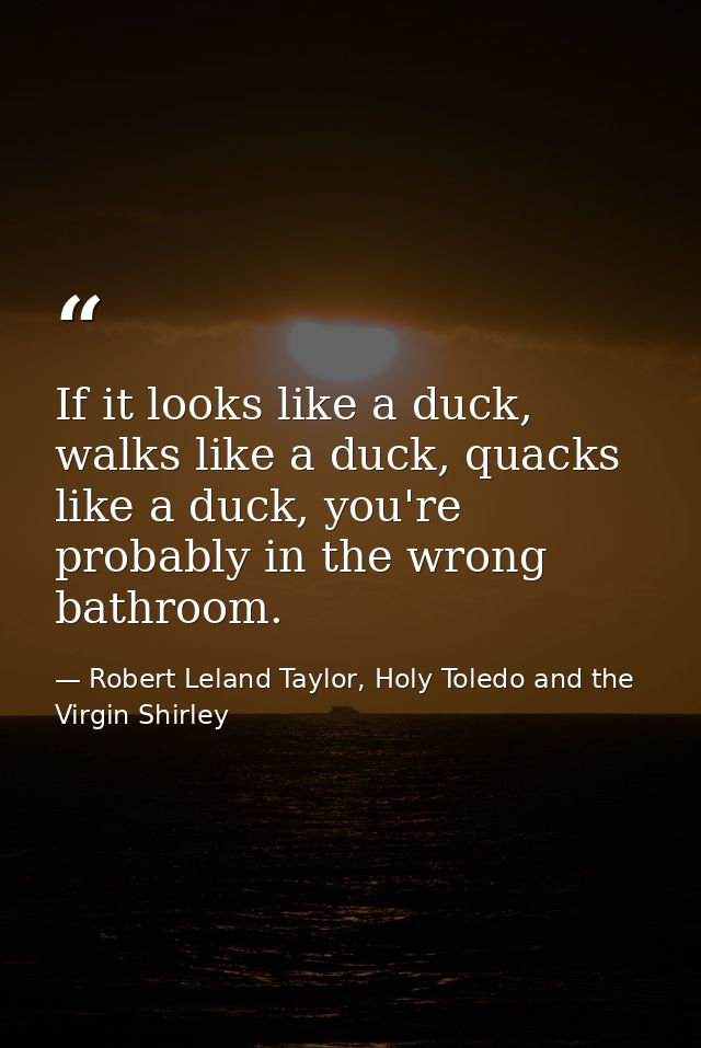 If it looks like a duck, walks like a duck, quacks like a duck, you're probably in the wrong bathroom. — Robert Leland Taylor, Holy Toledo and the Virgin Shirley