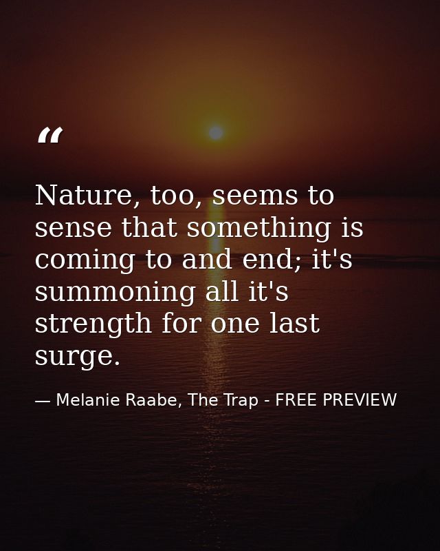 Nature, too, seems to sense that something is coming to and end; it's summoning all it's strength for one last surge. — Melanie Raabe, The Trap - FREE PREVIEW