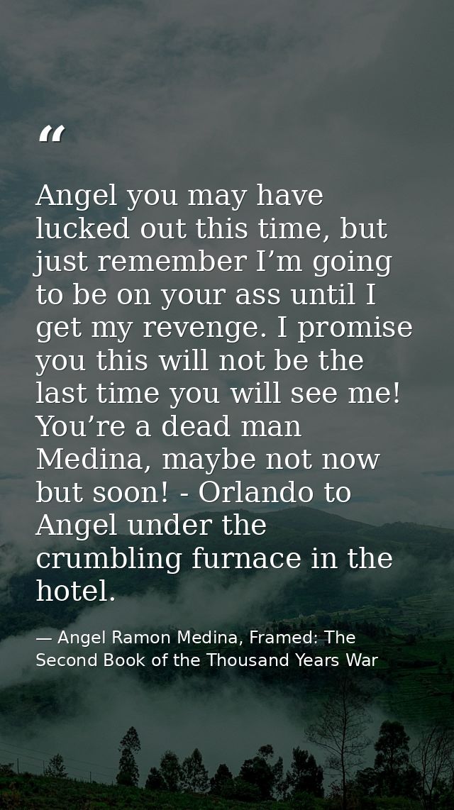 Angel you may have lucked out this time, but just remember I’m going to be on your ass until I get my revenge. I promise — Angel Ramon Medina, Framed: The Second Book of the Thousand Years War