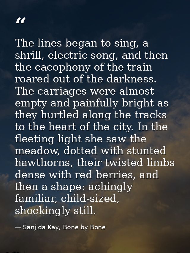 The lines began to sing, a shrill, electric song, and then the cacophony of the train roared out of the darkness. The ca — Sanjida Kay, Bone by Bone