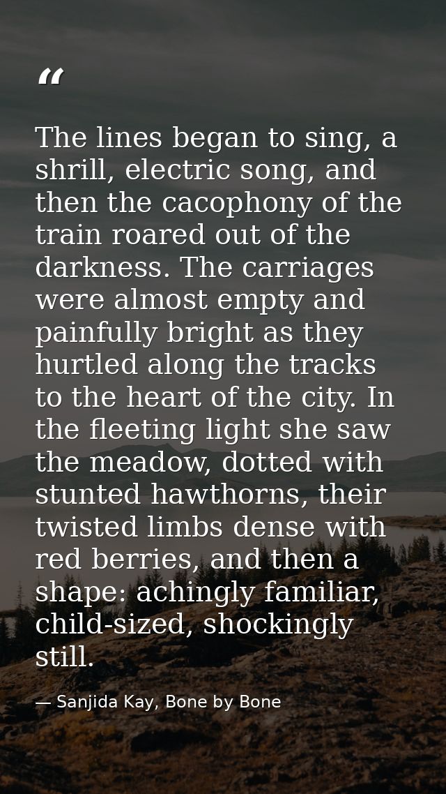 The lines began to sing, a shrill, electric song, and then the cacophony of the train roared out of the darkness. The ca — Sanjida Kay, Bone by Bone