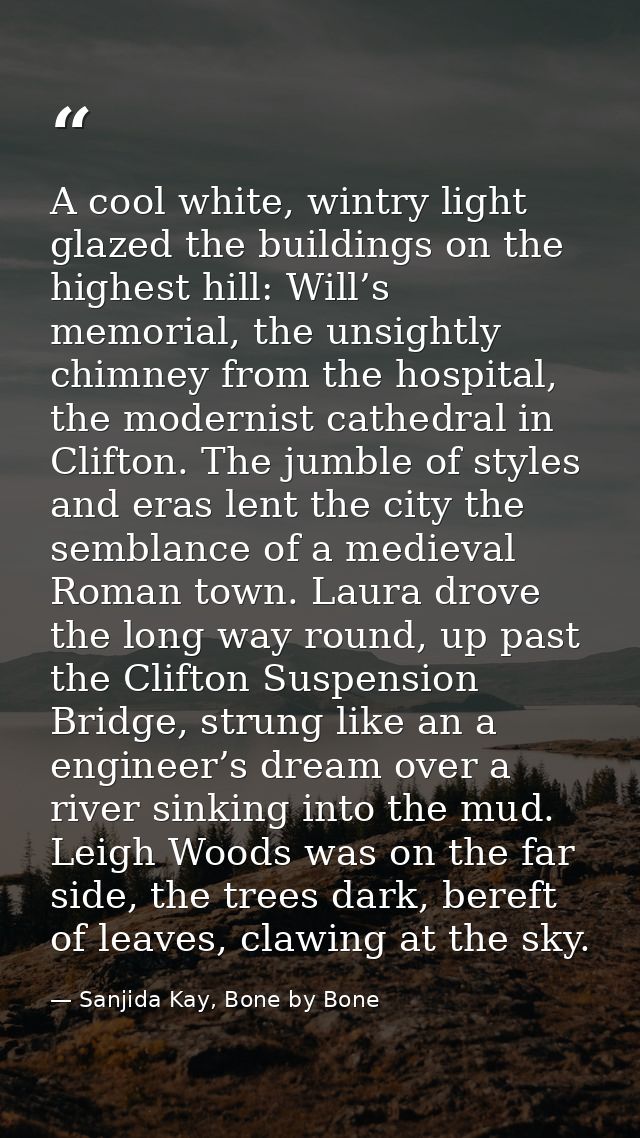 A cool white, wintry light glazed the buildings on the highest hill: Will’s memorial, the unsightly chimney from the hos — Sanjida Kay, Bone by Bone