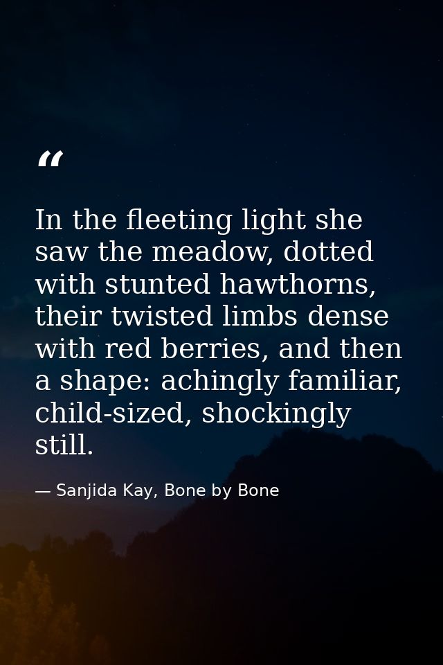 In the fleeting light she saw the meadow, dotted with stunted hawthorns, their twisted limbs dense with red berries, and — Sanjida Kay, Bone by Bone