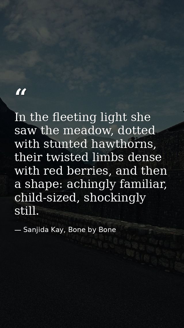 In the fleeting light she saw the meadow, dotted with stunted hawthorns, their twisted limbs dense with red berries, and — Sanjida Kay, Bone by Bone