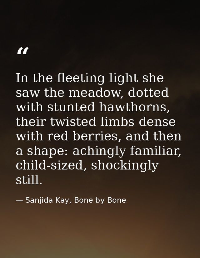In the fleeting light she saw the meadow, dotted with stunted hawthorns, their twisted limbs dense with red berries, and — Sanjida Kay, Bone by Bone