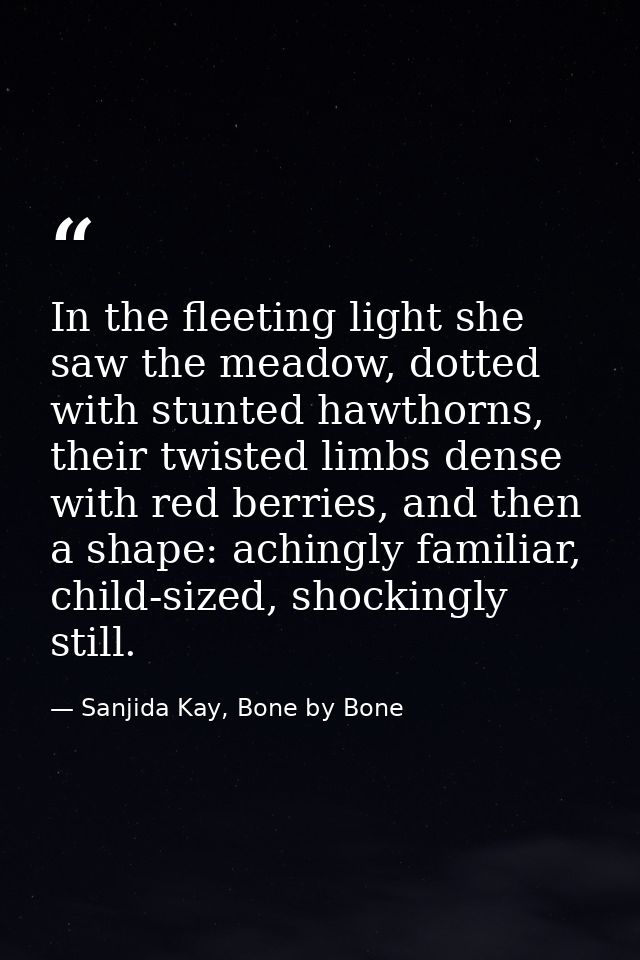 In the fleeting light she saw the meadow, dotted with stunted hawthorns, their twisted limbs dense with red berries, and — Sanjida Kay, Bone by Bone
