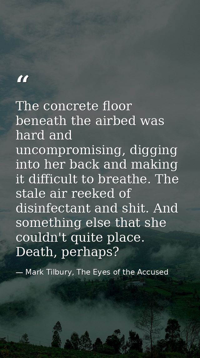 The concrete floor beneath the airbed was hard and uncompromising, digging into her back and making it difficult to brea — Mark Tilbury, The Eyes of the Accused
