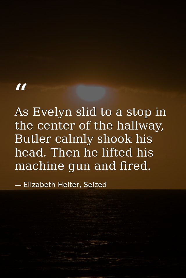 As Evelyn slid to a stop in the center of the hallway, Butler calmly shook his head. Then he lifted his machine gun and  — Elizabeth Heiter, Seized