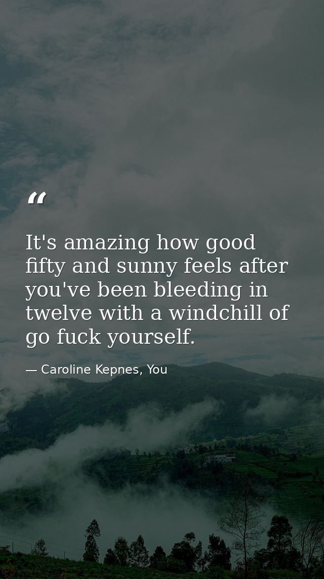 It's amazing how good fifty and sunny feels after you've been bleeding in twelve with a windchill of go fuck yourself. — Caroline Kepnes, You