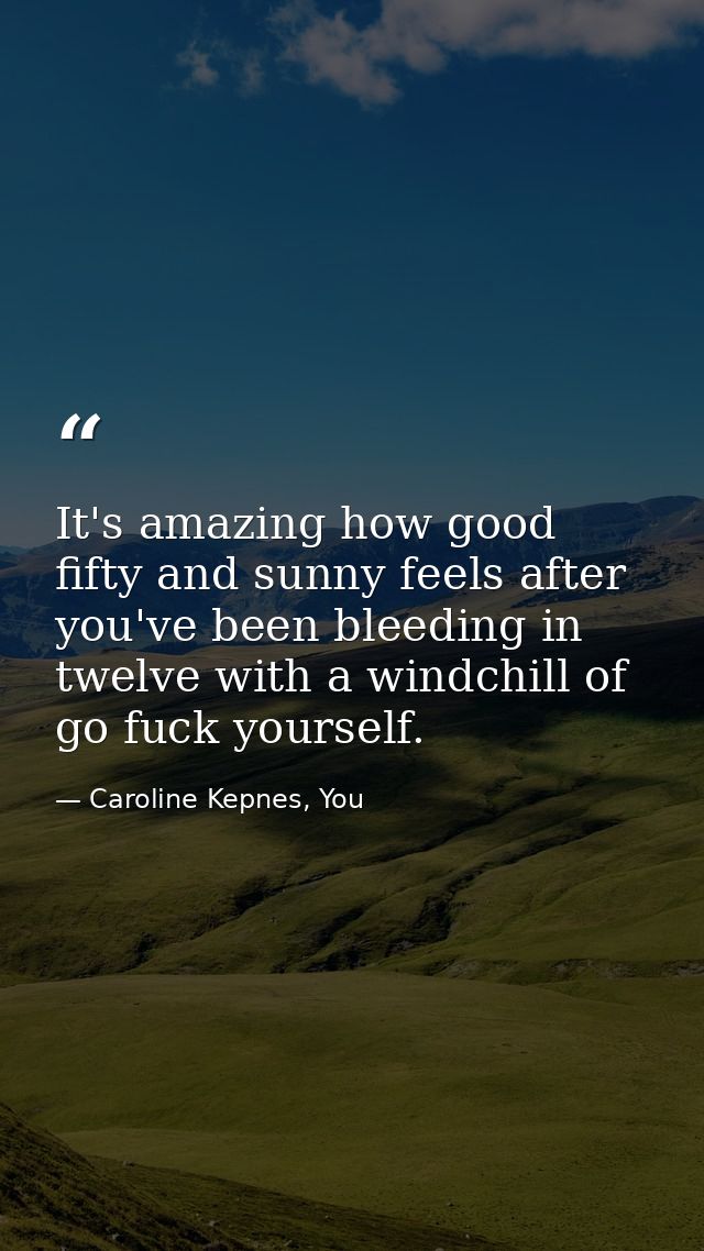 It's amazing how good fifty and sunny feels after you've been bleeding in twelve with a windchill of go fuck yourself. — Caroline Kepnes, You