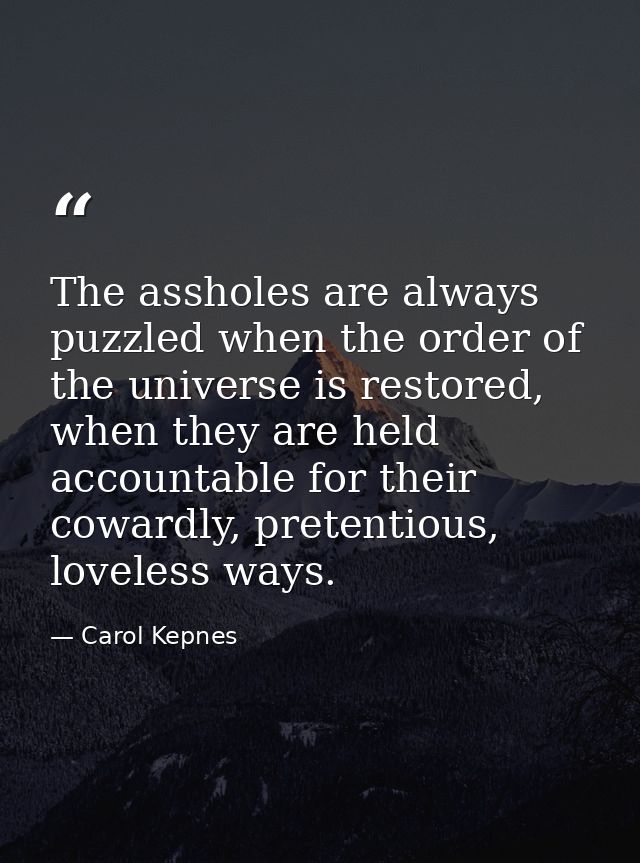 The assholes are always puzzled when the order of the universe is restored, when they are held accountable for their cow — Carol Kepnes