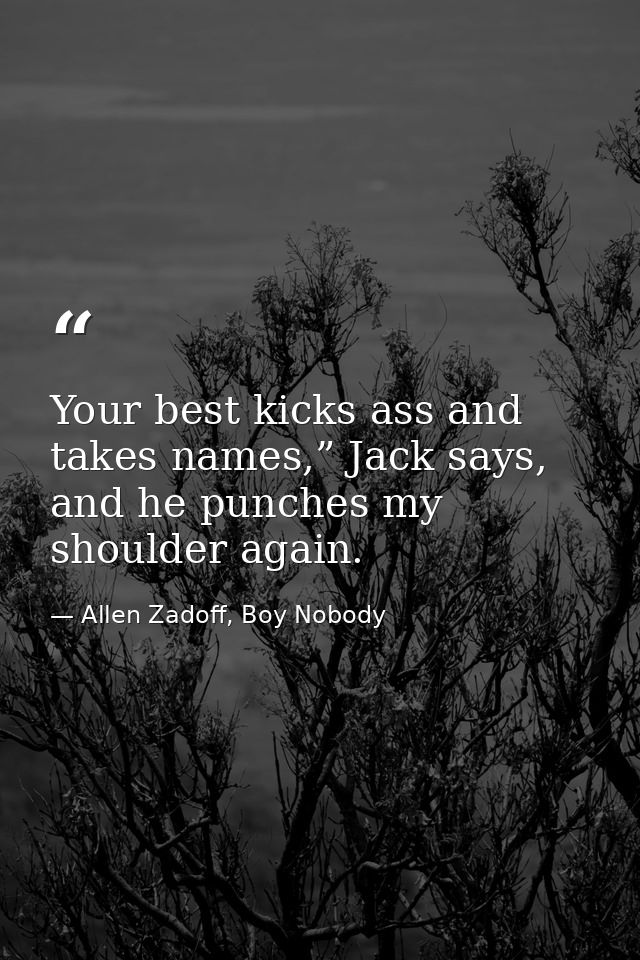 Your best kicks ass and takes names,” Jack says, and he punches my shoulder again. — Allen Zadoff, Boy Nobody